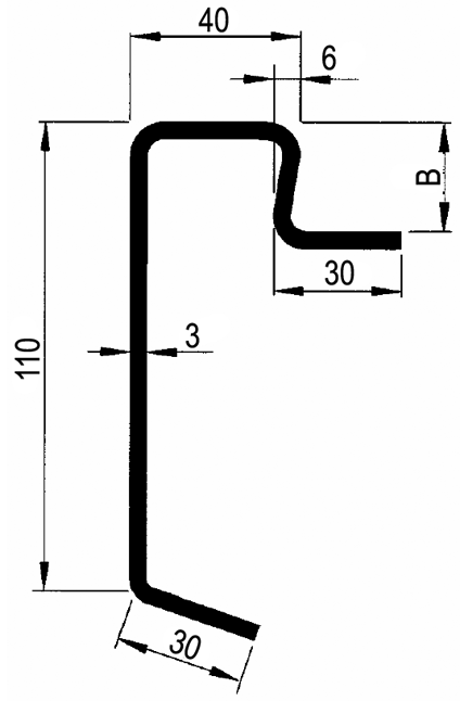Výška profilu H = 110 mm
Tloušťka podlahy B = 21 mm
Tloušťka materiálu C = 3 mm
Délka profilu L = 7500 mm
